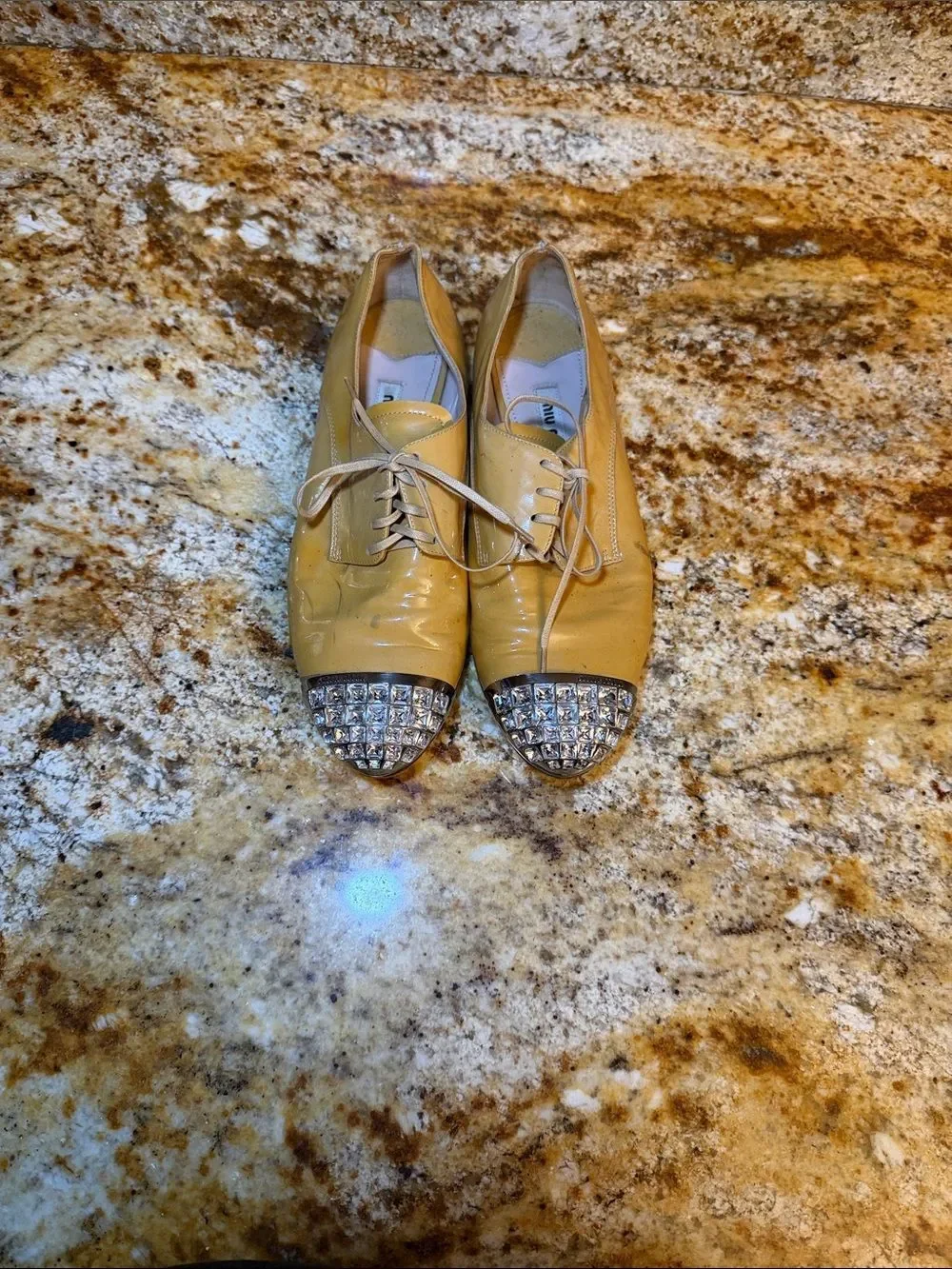 Miu Miu Yellow Girls Lace-Up Shoes with Rhinestone Cap Toes